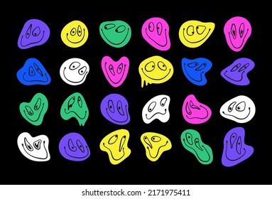 Caras de carácter de groovy goteo. Sigan sonriendo, sean positivos y felices. Dtktkst en gkfheobt Emoticonos de ácido psicodélico con distorsión, propagación sonrisas y lágrimas de derretimiento