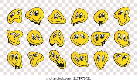 Dripping groovy character faces. Keep smiling, stay positive and be happy. Dtktkst in gkfheobt Psychedelic acid emoticons with distorted, spreading melting smiles and tears