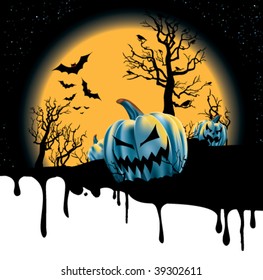 A dripping Halloween background with a full moon rising over a desolate pumpkin patch.