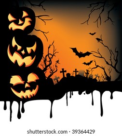 A dripping Halloween background with jack-o-lanterns, bats, crows, and an eerie graveyard.