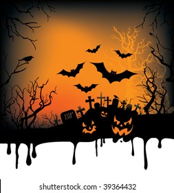 A dripping Halloween background with jack-o-lanterns, bats, crows, and an eerie graveyard.