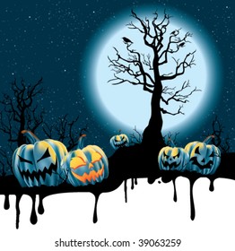 A dripping Holloween background with a full moon rising over a desolate pumpkin patch.