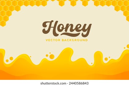 Dripping honey background. Cartoon liquid honey. Golden yellow honey syrup with honeycomb, drops and splashes. Flat style Vector illustration