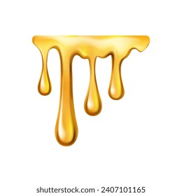 Dripping honey with drops, isolated sweet sweet sticky liquid. Vector melting or flowing caramel or maple syrup, juice or oil substance or essence