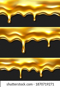 Dripping honey drops realistic seamless border, liquid yellow syrup splashes, glossy drip with falling droplets, flow oil or sweet caramel texture isolated on transparent background. 3d vector set