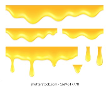 Dripping honey. Golden juice, melting syrup or sauce. Isolated realistic sweet drops, drip amber oil. Gold flow, 3d liquid vector background