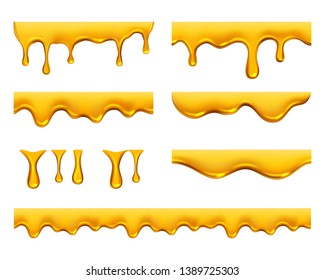 Капающий мед. Золотисто-желтый реалистичный сироп или сок, капающий жидкое масло, брызги векторного шаблона