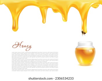 Dripping honey. Golden yellow realistic syrup or juice dripping liquid oil splashes vector template