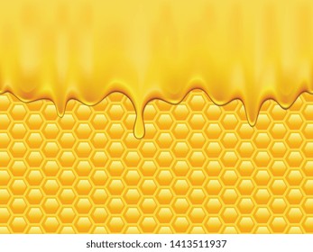 Dripping honey and honeycombs. Honey background, cell mosaic.