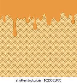 Dripping honey ice cream flowing over waffle texture background, vector art and illustration.