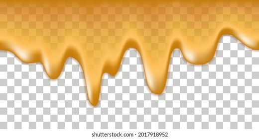 Dripping honey melt splash. Liquid syrup texture, flowing orange jelly or juice, honey, oil, sweet sauce. Isolated on transparent background, vector illustration