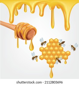 Dripping honey on a transparent background. Honey splash, sweet . honeycomb and dripping honey isolated on a white background. Honey macro in comb texture pattern background.
 .Vector illustration