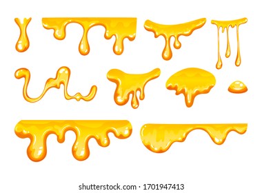 Dripping honey on white background. Paint or honey drops. Сolorful collection of delicious honey drops. Dripping honey. White background. 