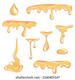 Dripping honey on white background. Paint or honey drops. Сolorful collection of delicious honey drops. Dripping honey. Hand drawn vector illustration