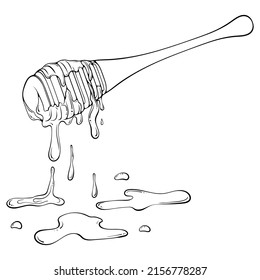 Dripping honey on wooden dipper. Vector illustration in hand drawn sketch doodle style. Line art natural healthy product isolated on white. Element for coloring book, design, print