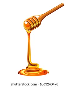  Dripping honey on wooden spoon 
