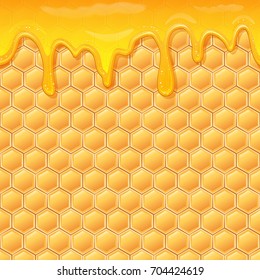 Dripping honey seamlessly repeatable. Honey splash dripping sweet drops from bee honeycomb poster for beekeeping honey, honey shop or bakery.