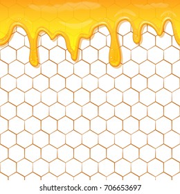 Dripping honey seamlessly repeatable. Honey splash dripping sweet drops from bee honeycomb poster for beekeeping honey, honey shop or bakery.
