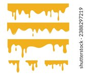 Dripping honey set elements isolated on white background. Honey liquid drips Vector illustration. Golden flow syrup, healthy fluid.