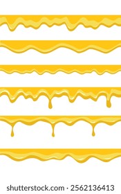 Dripping honey set Honey dripping golden yellow realistic syrup melting cheese liquid drop border with flat decoration frame vector