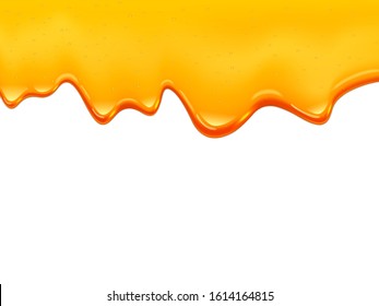 Dripping honey shape isolated on a white background. Vector illustration of yellow liquid syrup dripping honey with small bubbles. Liquid orange oil jam.