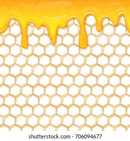 Dripping honey. Honey splash dripping sweet drops from bee honeycomb poster for beekeeping honey, honey shop or bakery.