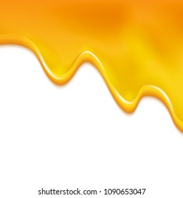 Dripping honey waves on white isolated orange liquid dessert border. Sweet food background syrup.