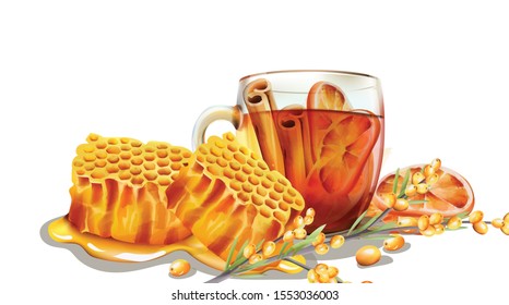 Dripping honeycomb with a cup of tea filled with cinnamon sticks and orange slices. Yellow berries on foreground