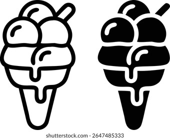 Dripping Ice Cream Cone Icon Set – Black and White Dessert Sweet Symbol Vector Illustration