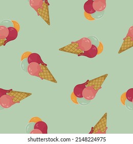 Dripping Ice Creams in Waffle Cones on Vintage Green Background, Seamless Pattern