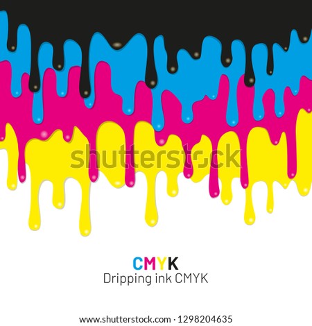 Dripping ink CMYK stain. Liquid ink, paint drip. Vector illustration.