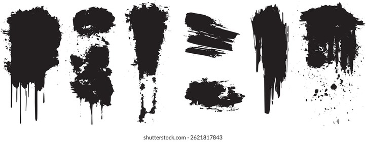 Dripping Ink and Grunge Brush Stroke Set, Distressed Paint Splatter Elements for Graphic Design