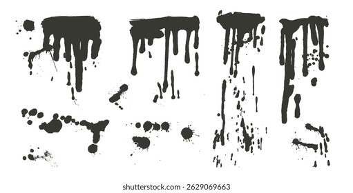 Líquido texturizado con tinta de goteo. Salpicaduras y salpicaduras de Vector. Gotas de derretimiento de graffiti grunge rociadas. Plantilla sucia de la calle Urbana en la pared. Collage gráfico de puntos desordenados, manchas.