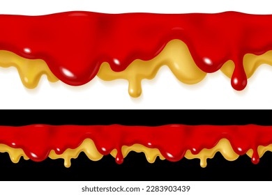 Dripping ketchup and mustard sauce design. Vector 3d liquid paint stain illustration. Realistic horizontal seamless border isolated.