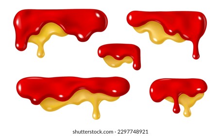 Dripping ketchup and mustard sauce design. Vector 3d liquid paint stain illustration. Realistic horizontal border elements set isolated.