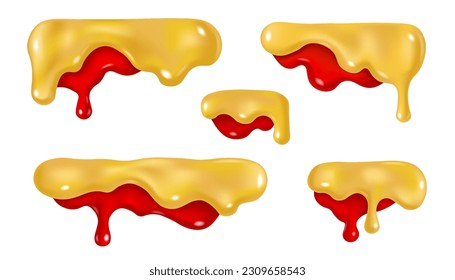 Dripping ketchup and mustard sauce design. Vector 3d liquid paint stain illustration. Realistic horizontal border elements set isolated.