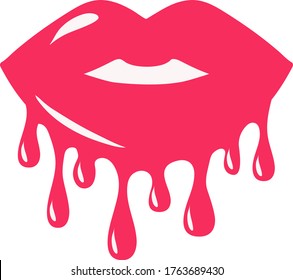 Dripping lips  icon  vector. Red dripping girl lips. Melting kiss with lipstick, gloss.  Hand drawn bleeding lip gloss vector illustration.