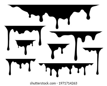 Dripping liquid. Drips black paint silhouette, current drops and stains, graffiti fluid trickles, drip melt flows oil water or syrup. Decor elements collection. Vector isolated set