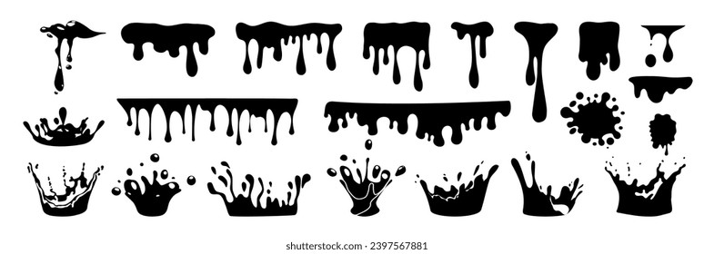 Escurrimiento de elementos líquidos, flujo aislado de tinta negra. Icono de conjunto negro del vector de agua de dispersión