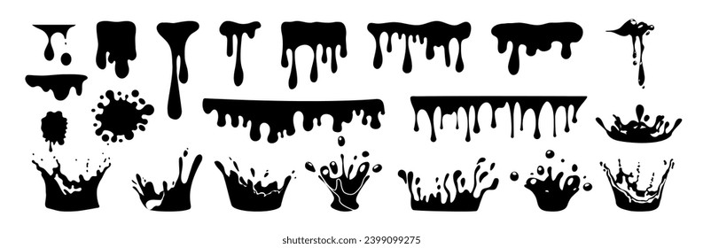 Escurrimiento de elementos líquidos, flujo aislado de tinta negra. Icono de conjunto negro del vector de agua de dispersión