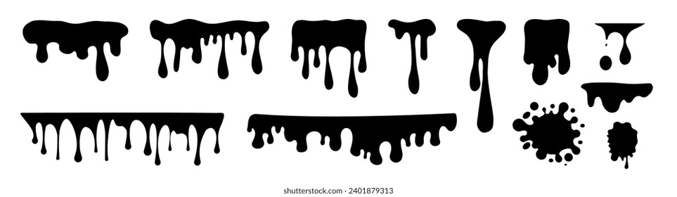Dripping liquid elements, isolated black ink flow. Splash water vector black set icon