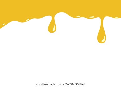 Gotejamento de mel líquido, caramelo, xarope em um fundo branco, ilustração de vetor de desenhos animados, design plano. Elemento decorativo para decoração, etiquetas, capas com um lugar para texto. Curvas amarelas, gotas 