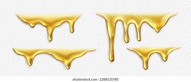 Dripping liquid honey, gold oil or syrup drops isolated on transparent background. Splashes and flows of clear yellow honey or melted caramel, vector realistic set