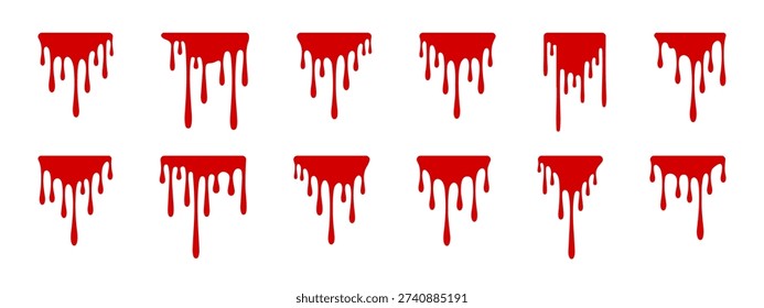 Dripping liquid icons set. Paint or blood drops, flowing and hanging drips, horror and Halloween design elements collection.