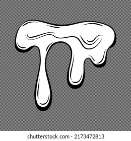 Borde líquido goteo sobre un fondo transparente. Ilustración en blanco y negro de un líquido viscoso que fluye. Cera, miel, lodo. Vector. 