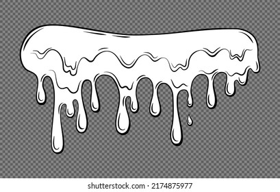 Borde líquido goteo sobre un fondo transparente. Ilustración en blanco y negro de un líquido viscoso que fluye. Cera, miel, lodo. Vector. 