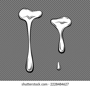 Dripping liquid outline on a transparent background. Contoured black and white illustration of a flowing viscous liquid. Wax, honey, slime. Vector. 