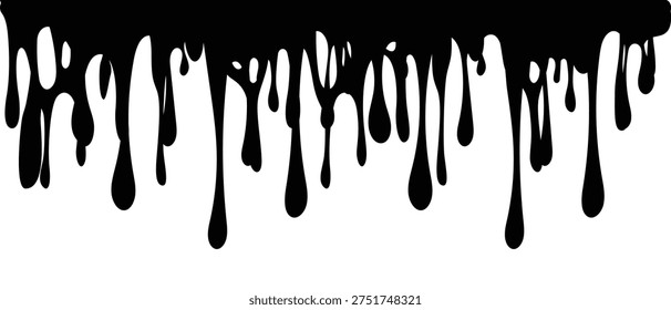 Dripping liquid set. Black dripping oil stain, dribble liquid paint on paper. Drip paint. Drip paint silhouette set. Dripping splatter and dribble brush strokes with stain and leak, 
