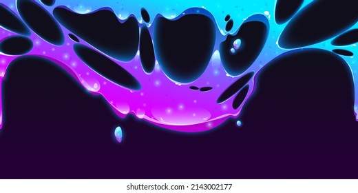 Dripping Liquid Slime Border. Texture Of Sticky Goo Splash Isolated On Black Background. Vector Cartoon Illustration Of Blue And Purple Neon Slimy Mucus With Glitter