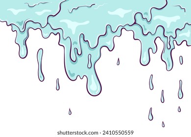 Dripping liquid, slime, paint. Water drops, falling waterfall, nature splash. Vector illustration in hand drawn cartoon style. Simple color graphic isolated on white. Splatter motion fluid design